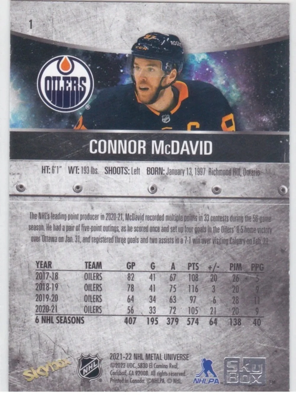 🇨🇦NOW $4🍀 Connor Mcdavid 2021/22 Skybox Metal Edmonton Oilers Hockey Card - Picture 2 of 2